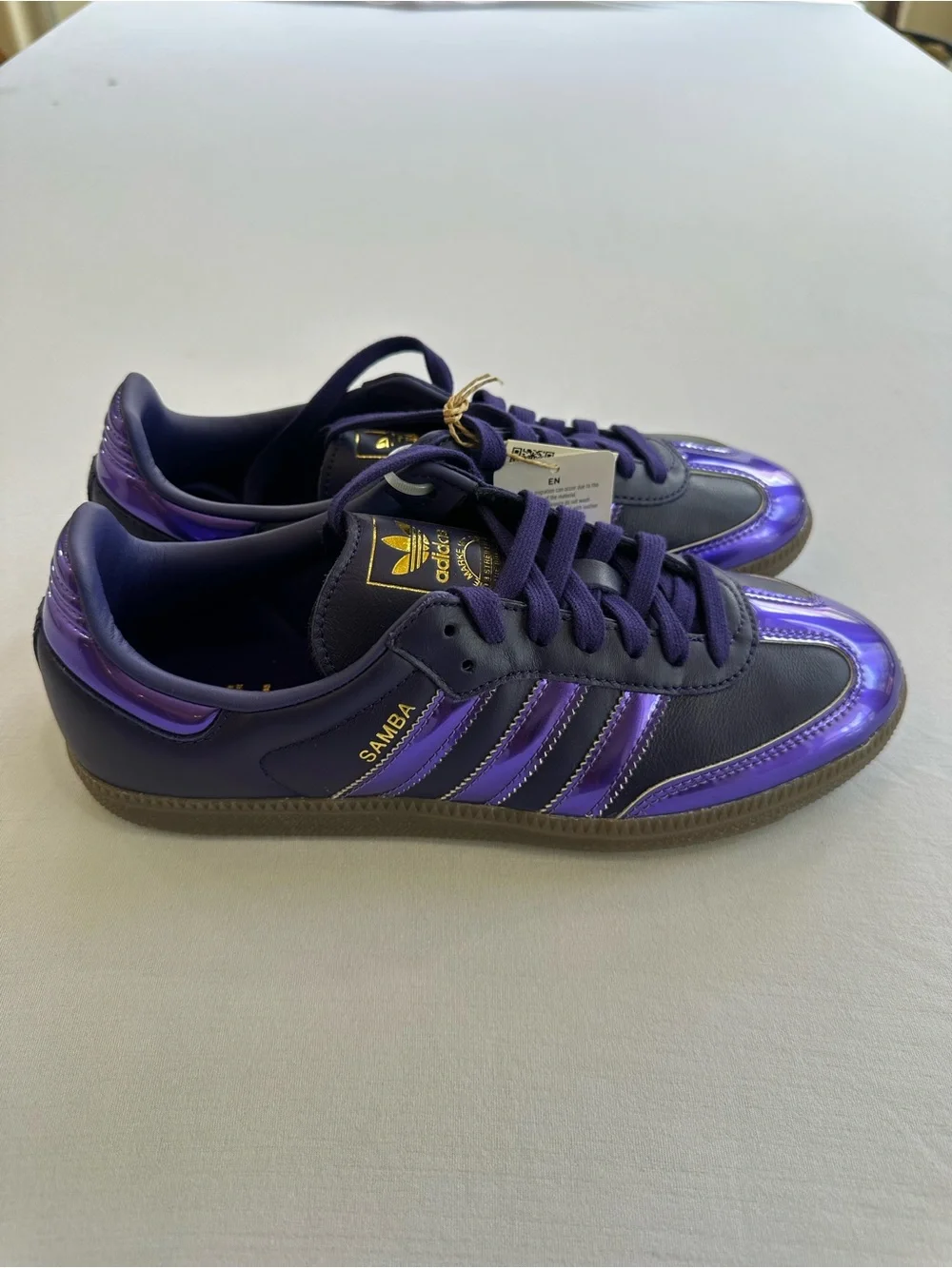NEW adidas Samba Purple on Purple w/ Gold Trim low cut lace up Sneakers Size 8.5